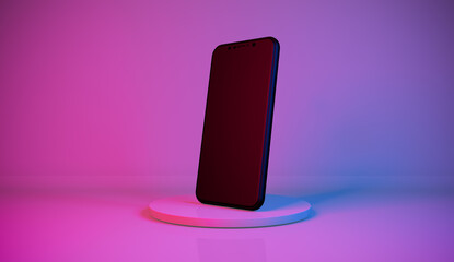 3d rendering, Realistic mock up of mobile phone setting on pedestal, blank empty space for your copy or another design, with on colorful pink and purple neon colors background.