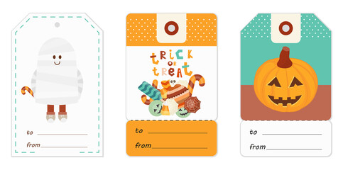 Halloween Gift Tags Set with Halloween Characters and Symbols – Mummy, Sweets, Pumpkin. Vector Illustration.