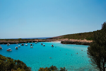 turquoise water beach with lots of nature and several boats