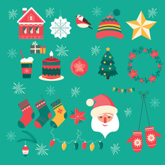 Christmas set, cute seasonal elements, vector illustration in flat style