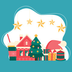 Christmas set, cute seasonal elements, vector illustration in flat style