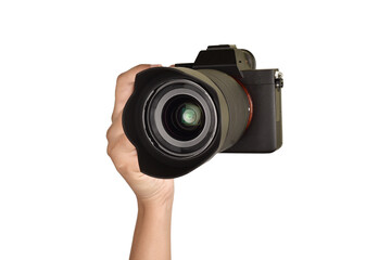 camera isolated on white background, hand holds digital camera