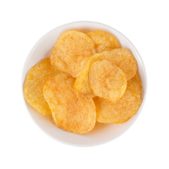 top view of Appetizing, golden chips in the white bowl, isolated on white