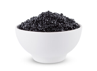 Bowl with delicious tasty black caviar on white background