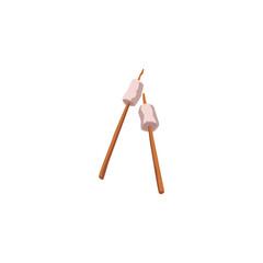 Frying marshmallows on wooden sticks flat vector illustration isolated.