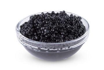 Fototapeta na wymiar Bowl with delicious tasty black caviar on white background