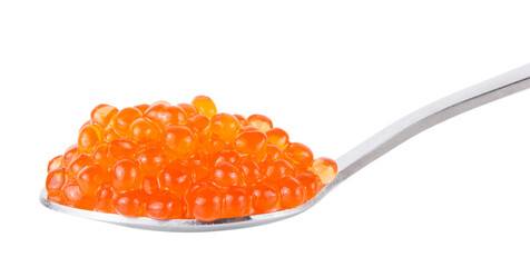 Red tasty salted caviar or fish eggs in spoon isolated on white background