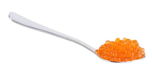 Red tasty salted caviar or fish eggs in spoon isolated on white background
