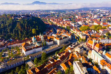 Naklejka premium Landscape of Slovenian town of Ljubljana, panoramic view from drone