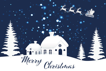 card or banner on 'Merry Christmas' in blue with a village under the snow of fir trees Santa's sleigh in white and snow falling on a dark blue background