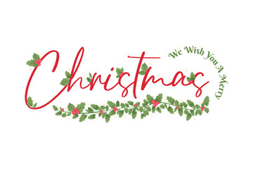 Merry Christmas Mistletoe Leaves, Merry Christmas Background, Merry Christmas Text, Holiday Greeting Card, Christmas Card, Vector Illustration Background