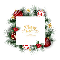 Merry Christmas and Happy New Year greeting card with festive Christmas balls. Vector holiday illustration