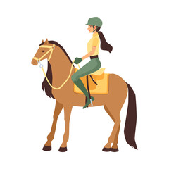 Woman jockey sitting on horseback, flat vector illustration isolated on white.