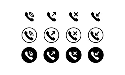 Phone icon set in black. Incoming, outgoing, missed and decline call. Vector on isolated white background. EPS 10