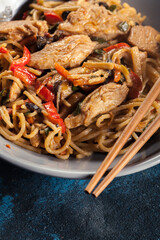 Chicken chow mein. Fried noodles with chicken and vegetables