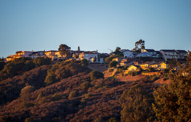 Mountain slopes and homes panoramic view in Belmont, San Mateo County, California, on sunrise
