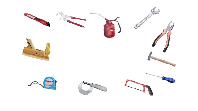Hand tools animation on white background