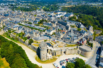 View from drone of houses of Dinan town at sunny summer day, France - obrazy, fototapety, plakaty