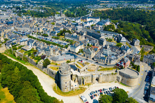 View from drone of houses of Dinan town at sunny summer day, France