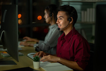 employee customer service representative working as technical support call center in the office...