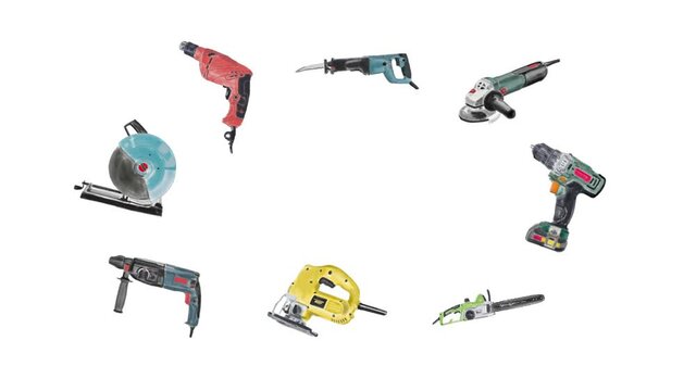 Electric tools animation on white background