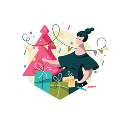 Funny woman with gifts, decorating Christmas tree. Preparation for New Year celebration. Bright colorful vector illustration.
