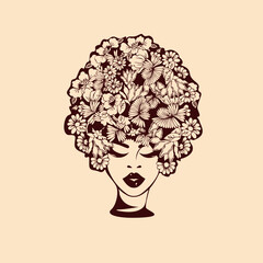 Hair studio and beauty salon illustration.Beautiful African american woman with elegant makeup, wearing a flowers wig.Afro hairstyle young woman icon.Decorative natural elements.