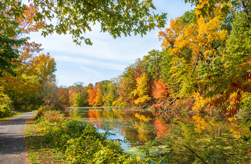 Fall foliage reflected in water alongside a path