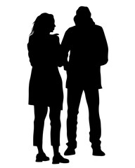 Young man and woman walking down the street. Isolated silhouette on a white background