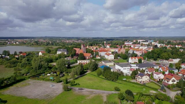 4k drone footage of Morag town, Ostroda County, Warmia Mazury region of Poland