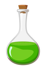 Magic potion isolated on white. Green poison flask illustration. Toxic bubble for halloween design. Clip art of bottle with poisonous liquid. fantasy jar with cork. Antidote cartoon symbol. Eps 10.