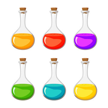 Magic potion vector collection .Elixir in glass bottle set isolated on white. Illustration of colorful flask with chemical substance. Medicine container icon or symbol. Eps 10 cartoon design.