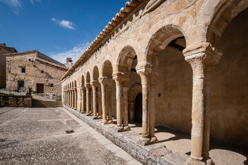 arcaded gallery of semicircular arches on paired columns, Church of the Savior,   13th century rural Romanesque, Carabias, Guadalajara, Spain