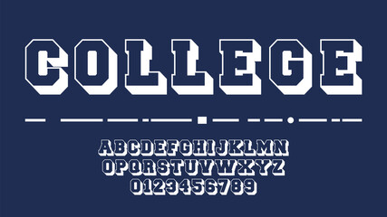 College alphabet template. Letters and numbers of varsity design. Vector illustration