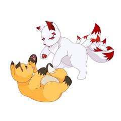 Young Kumiho and Red Fox-cub are playing on white isolated background, vector illustration in Cartoon design style, concept of Asian Culture and Korean Fairytales, Magic and Fairy Mythology tales.