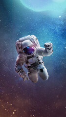 Astronaut in bright galaxy. Universe and spaceman. Astronaut in the outer space. Vertical wallpaper. Elements of this image furnished by NASA
