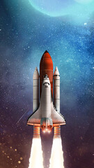Space shuttle in outer space. Rocket on orbit of the planet. Space ship in galaxy. Vertical...