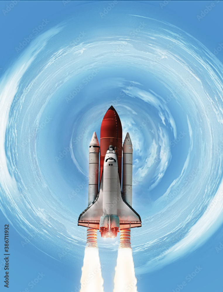 Poster space shuttle in the clouds. launch of spaceship from earth planet. space wallpaper. elements of thi