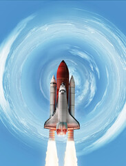 Space shuttle in the clouds. Launch of spaceship from Earth planet. Space wallpaper. Elements of this image furnished by NASA
