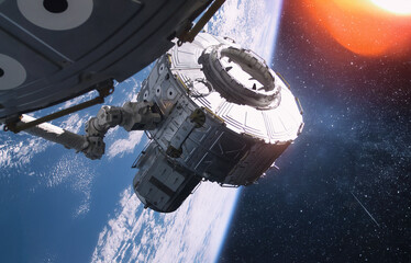 Cargo spaceship on orbit of the Earth planet. Satellite on ISS station. Dark space. Elements of this image furnished by NASA

