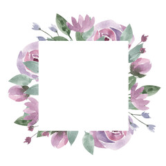 Watercolor frame with delicate pastel flowers. For invitations, holiday cards, posters.
