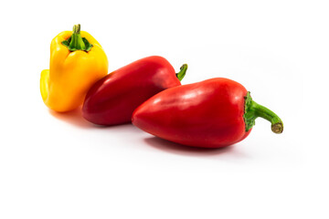 Peppers red and yellow on white isolated background, product for dishes