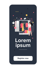 Woman standing at open wardrobe and choosing clothes to wear. Vector illustration for garment, outfit, storage organization, closet, routine, choice concepts