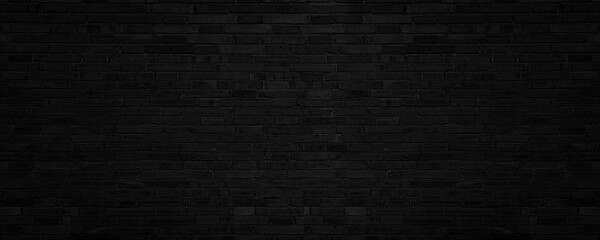 Abstract Black Brick Wall Texture Background. Weathered Brickwork Design Backdrop. Wide Panorama...