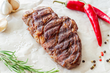 Grilled beef steak. American cuisine. Recipe. Meat.