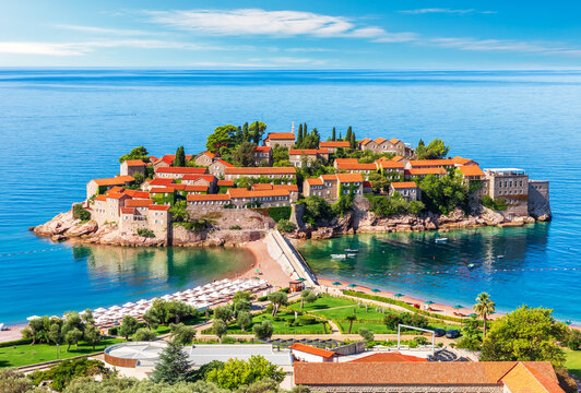 View on Sveti Stefan island, Budva riviera, Montenegro