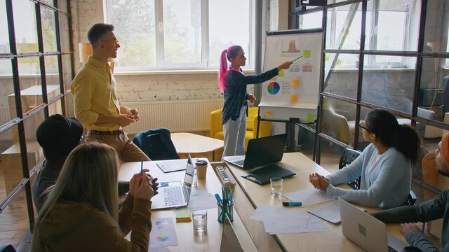 Millennial team analyzing information on graphs and charts on whiteboard in office, woman making presentation in office