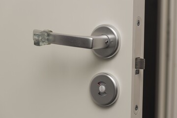 Close up view of lock and handle buffer rubber on white door. Interior design. Beautiful backgrounds.
