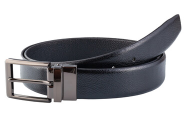 Fastened fashionable men's leather belt with dark matted metal buckle isolated on white background.