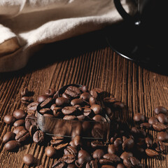 Heart shaped coffee beans on the table.